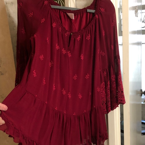 Women's Burgundy Red peasant Embroidered Top - Picture 4 of 5